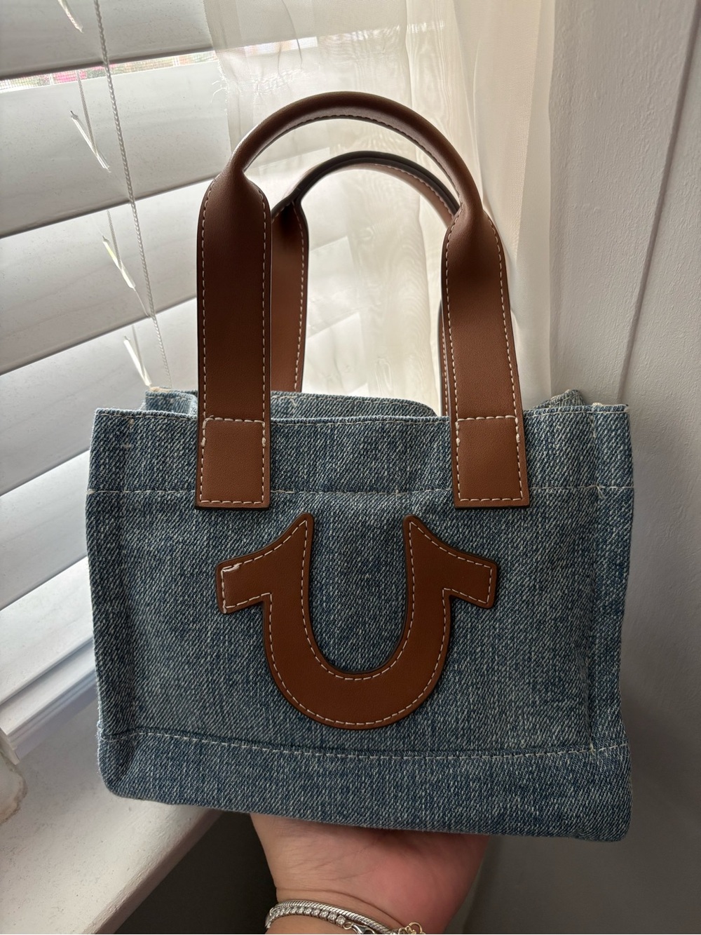 True Religion Denim Mini Tote with Brown Leather Trim